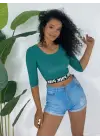 Yeşil Yazılı Crop Kadın Giyim