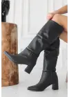 Omarı Siyah Cilt Topuklu Çizme - Trend Moda Stili