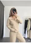Polo yaka alt üst kollu modal takım bej pt