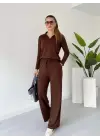 Polo yaka alt üst kollu modal takım kahve pt