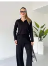 Polo yaka alt üst kollu modal takım siyah pt