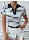 Polo yaka garnili bluz Beyazsiyah
