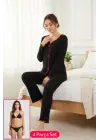 Premium Kadın 4’lü Fitilli Set – Siyah Kırmızı Biyeli (Pijama Üst, Pantolon, Bikini Takımı)