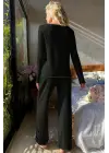 Premium Kadın Fitilli Pijama Takımı – Siyah Gold Biye Detaylı, Yumuşak Dokulu Ev Şıklığı