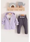 Prences Nakışlı Kapişonlu 3lü % 100 Pamuk Kız Bebek Takımı
