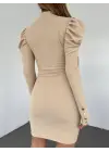 Prenses Omuz Kol Ucu Düğmeli Elbise  -Bej