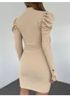 Omarı Zarif Prenses Omuz Detaylı Elbise - Bej