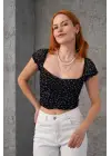 Puantiyeli Belden Oturtmalı Tül Siyah Bluz
