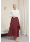 Puantiyeli Beli Lastikli Astarlı Şifon Etek -Bordo