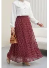 Puantiyeli Beli Lastikli Astarlı Şifon Etek -Bordo