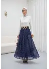Puantiyeli Beli Lastikli Astarlı Şifon Etek -Lacivert