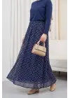 Puantiyeli Beli Lastikli Astarlı Şifon Etek -Lacivert