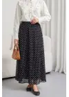 Puantiyeli Beli Lastikli Astarlı Şifon Etek -Siyah