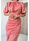 Pudra Büzgülü Saten Elbise