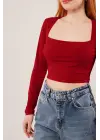 Omarı Bordo Renkli Kare Yaka Bluz