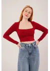 Omarı Bordo Renkli Kare Yaka Bluz