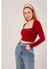Omarı Bordo Renkli Kare Yaka Bluz