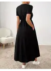 Omarı Kısa Kollu Belden Bağcıklı Cepli Elbise