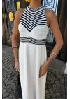 Omarı Çizgili Uzun Triko Elbise