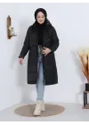 Omarı Uzun Kapşonlu Kuş Gözü Detaylı Kaban -Siyah