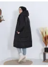 Omarı Uzun Kapşonlu Kuş Gözü Detaylı Kaban -Siyah