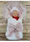 Zarif Taç Nakışlı İnci Ve Fiyonklu Kundak Bebek Battaniye