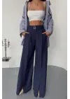 Omarı Önden Yırtmaç Detaylı Bel Kemerli Pantolon - Lacivert