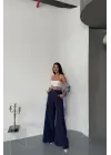 SALAŞ ÖNDEN YIRTMAÇ DETAYLI BEL KEMERLİ PANTOLON - Lacivert