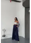 Omarı Önden Yırtmaç Detaylı Bel Kemerli Pantolon - Lacivert