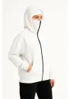 Samuray Ninja Çift Kapşonlu ZIP Fermuarlı Kanguru Çepli Hoodie Maske Detaylı Swetshirt - Beyaz