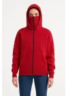 Samuray Ninja Çift Kapşonlu ZIP Fermuarlı Kanguru Çepli Hoodie Maske Detaylı Swetshirt - Kırmızı