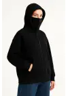 Samuray Ninja Çift Kapşonlu ZIP Fermuarlı Kanguru Çepli Hoodie Maske Detaylı Swetshirt - Siyah