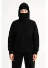 Samuray Ninja Çift Kapşonlu ZIP Fermuarlı Kanguru Çepli Hoodie Maske Detaylı Swetshirt - Siyah