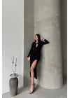 Omarı Şık Siyah Elbise Büzgü Detayıyla