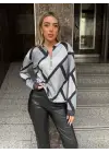 Omarı Desenli Şardonlu Uzun Kollu Kadın Bluz