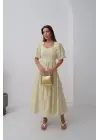 Sarı Süs Düğmeli Balon Kollu Elbise