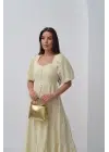 Sarı Süs Düğmeli Balon Kollu Elbise
