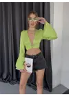 SATEN CROP TOKA DETAYLI BLUZ - Yeşil