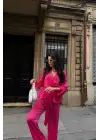 Omarı Saten Fuşya Takım - Kruvaze Bağlamalı Bluz ve Pantolon Seti