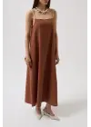 Omarı Şık Şerit Detaylı Keten Maxi Elbise
