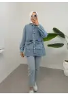 Omarı Taş Detaylı Cepli Kot Ceketi - Buz Mavi