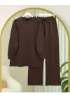 Serpme Taş Detaylı Pantolonlu Benorraho Takım  -Kahve