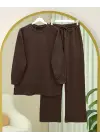 Serpme Taş Detaylı Pantolonlu Benorraho Takım  -Kahve