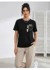 Sevimli Kedi Cep Baskılı Tişört Kısa Kol Yazlık T-Shirt - Siyah