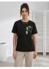 Sevimli Kedi Cep Baskılı Tişört Kısa Kol Yazlık T-Shirt - Siyah