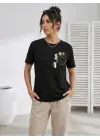 Sevimli Kedi Cep Baskılı Tişört Kısa Kol Yazlık T-Shirt - Siyah