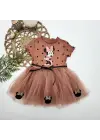 Omarı Puantiyeli Mickey Baskılı Tütü Elbisesi Kahverengi