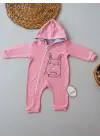 Omarı Yumuşak Kapşonlu Tavşan Nakışlı Bebek Tulumu Pembe