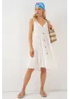 Sıfır Kol Düğmeli Kısa Elbise 2571 - Beyaz