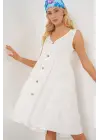 Sıfır Kol Düğmeli Kısa Elbise 2571 - Beyaz